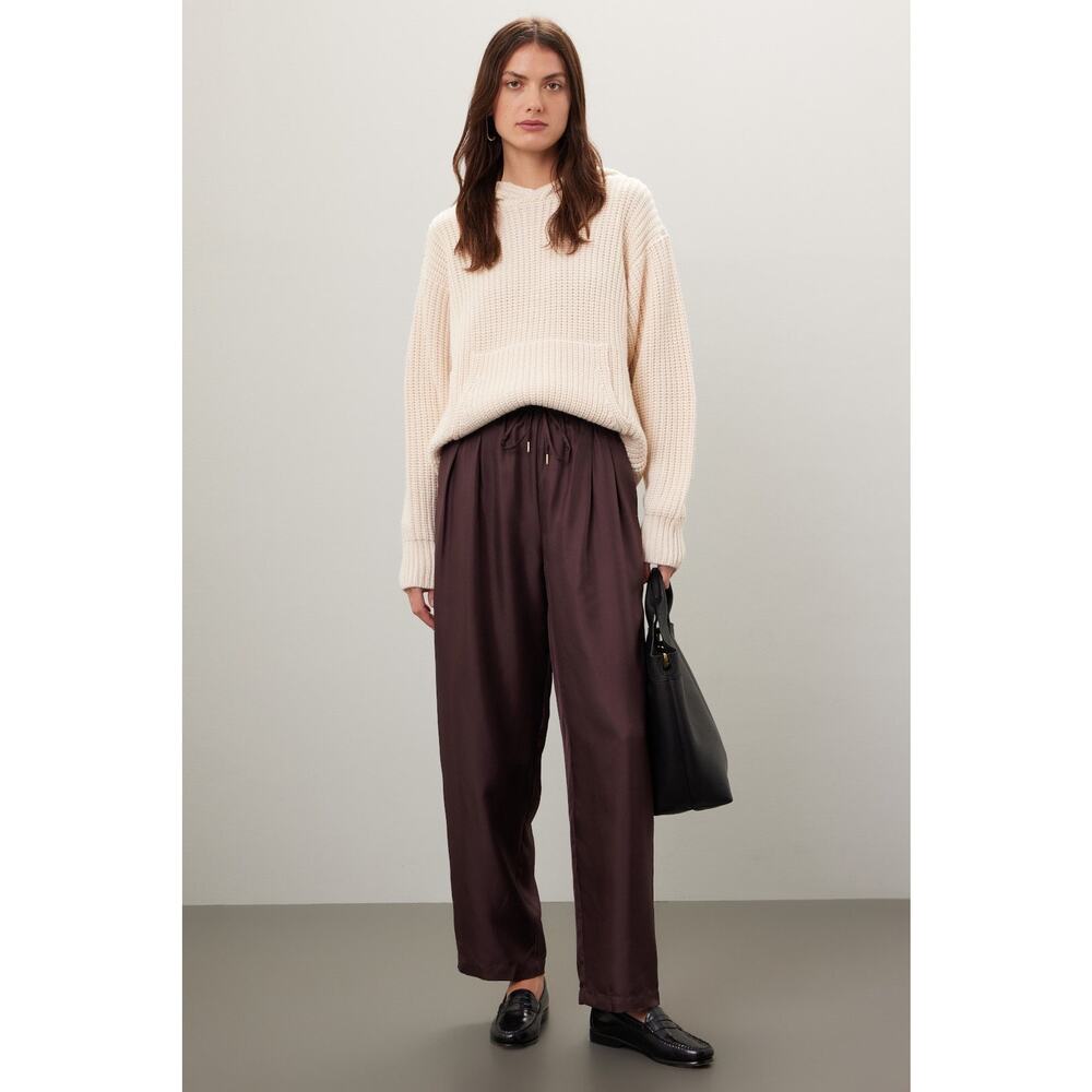 Silk Laundry Brown Satin Silk Pleated Straight Leg Drawstring Pants Size XL